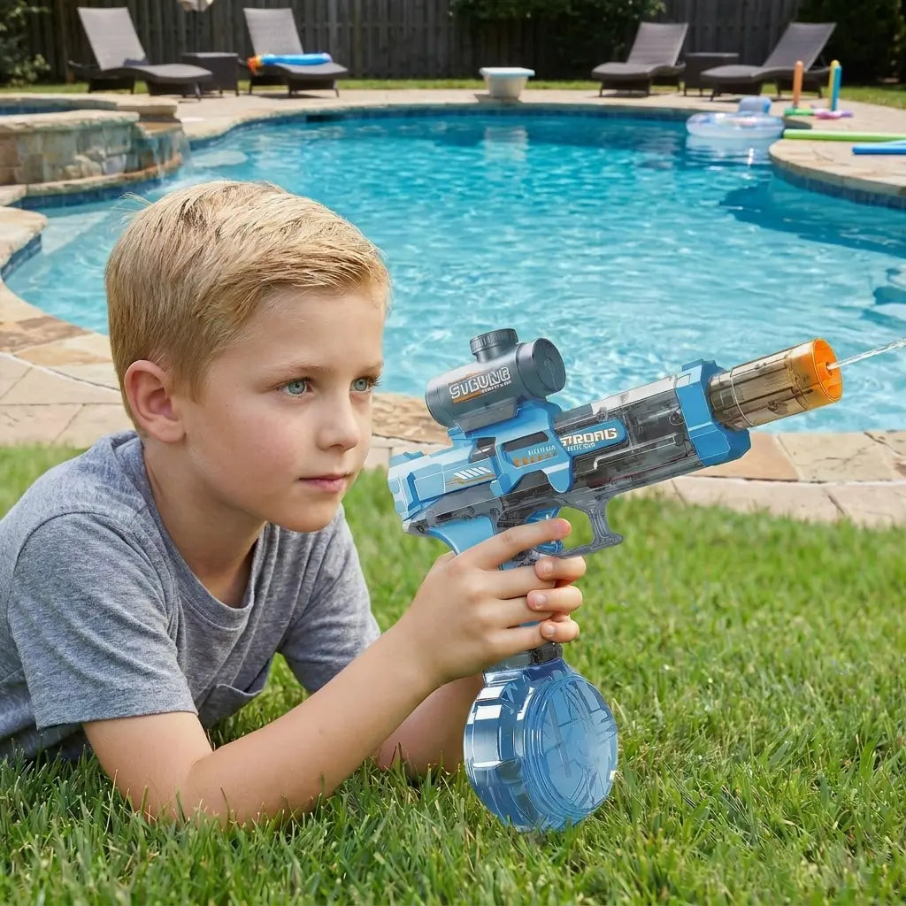 Rechargeable Electric Water Blaster for Kids and Adults, Transparent Automatic Water Toy with Colorful LED Lights and Fun Splash Sound Effects, Powerful Long-Distance Summer Outdoor Pool, Yard and Beach Play Toy for Boys and Girls